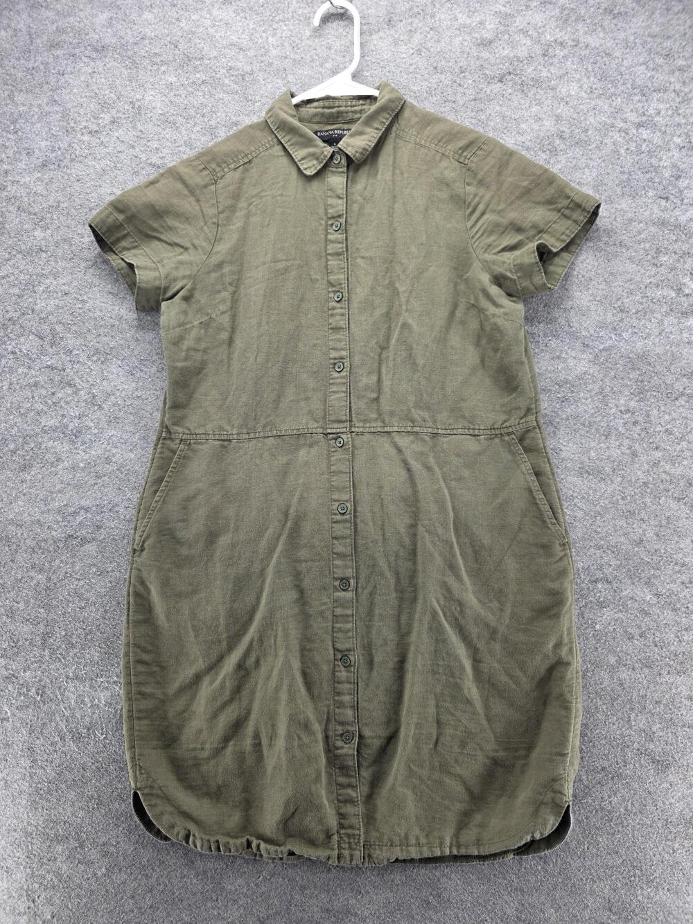 Banana Republic Dress Womens 6 Green Button Front Linen Blend Short Sleeve Shirt